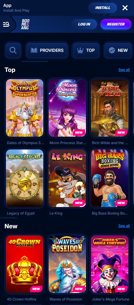 Boomerang Casino mobile Ansicht mit einer Auswahl an Top-Spielen auf einem Smartphone.